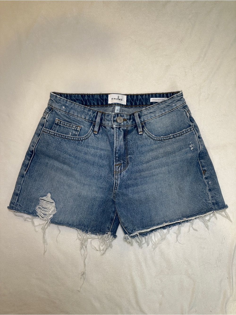 FRAME Le Grand Garçon Distressed Cutoff Denim Shorts Size 25